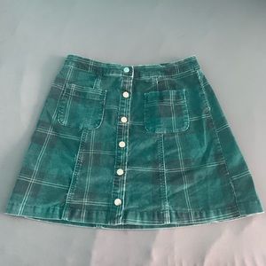Emerald green plaid denim skirt